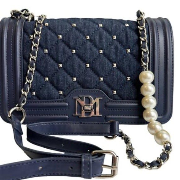 Badgley Mischka Denim Diamond Quilted Crossbody With White Pearls - Picture 1 of 12